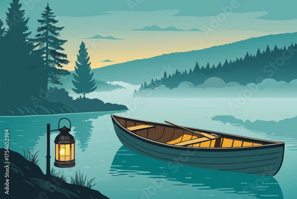 Obraz Tranquil lake scene with a boat and a lantern at dawn.