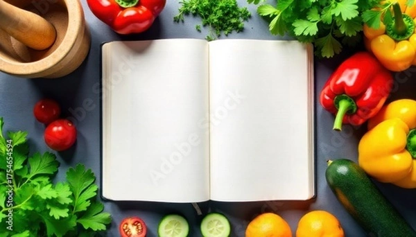 Obraz Artistic food journal entry with colorful ingredients and stationery A colorful flat lay of a journal open to a blank page, surrounded by vibrant chopped vegetables like bell peppers and zucchini,