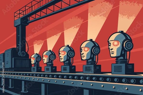 Obraz Robots on a conveyor belt being illuminated by lights in a factory.