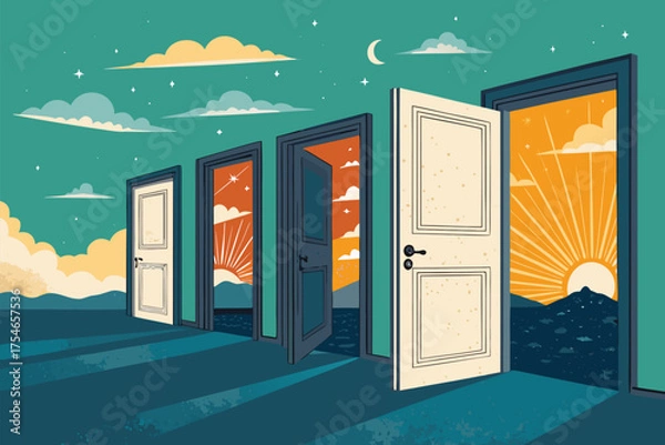 Obraz Multiple open doors reveal different sunrise sky landscapes.