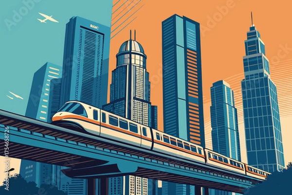 Obraz Futuristic monorail speeds through a stylized city skyline at dusk.