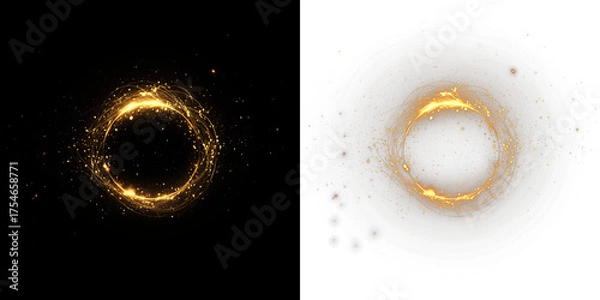 Obraz Golden sparkles create a mesmerizing circular overlay on contrasting black and white backgrounds, enhancing visual appeal for creative projects and digital designs
