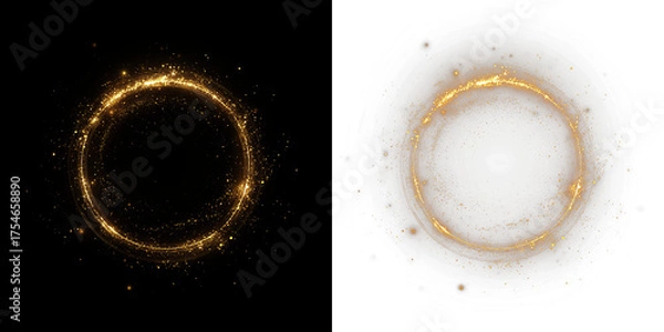 Obraz Golden sparkles forming a circular overlay on contrasting backgrounds, creating a magical effect for design projects, enhancing visual storytelling and creativity