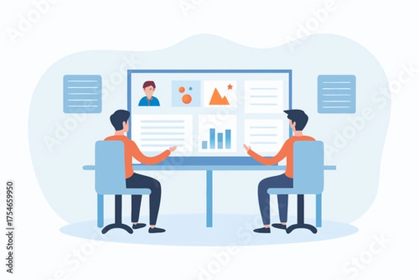 Fototapeta Two people collaborating in a modern office discussing data and charts on a large screen