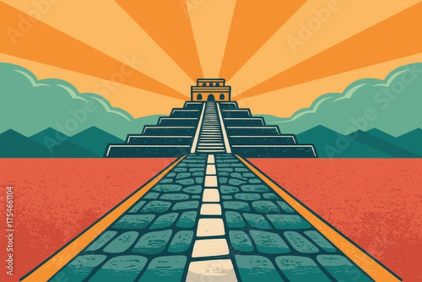 Obraz A stylized, retro graphic of a Mayan pyramid under a radiating sun.