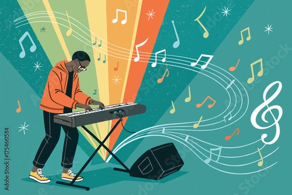 Obraz A person plays a keyboard with music notes swirling around.