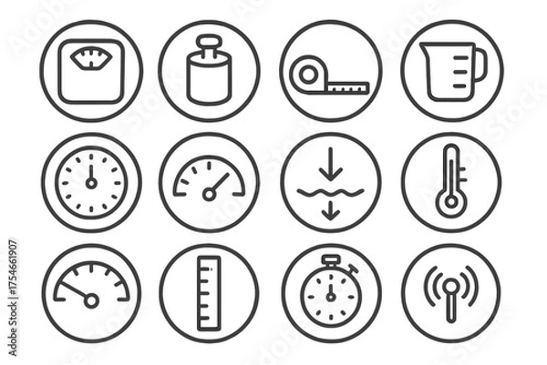 Fototapeta Measurement Concept Icons. Line style round icons of measurement concepts: scale, weight, length, volume; time, speed, depth,