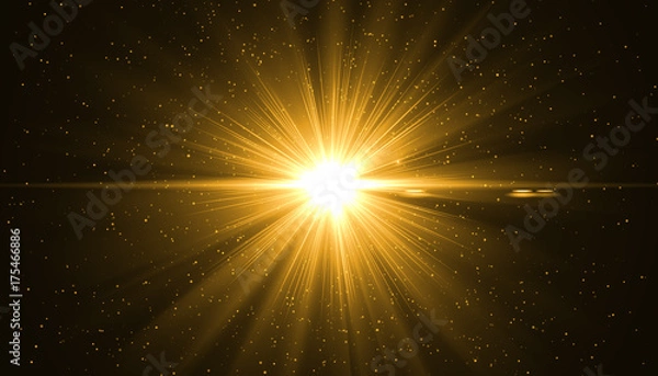 Fototapeta Golden sunray with sparkles or gold particle glitter light. Merry Christmas festive background.defocused circle particle bokeh. Abstract gold background