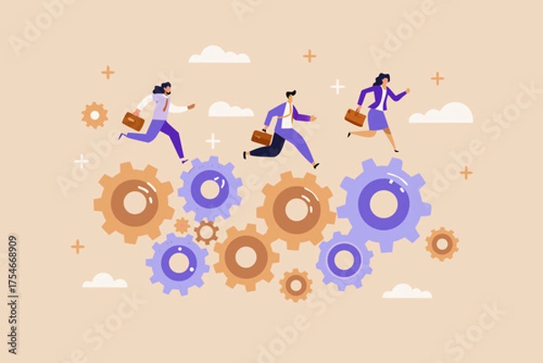 Fototapeta Business people running on gears symbolizing teamwork and corporate progress in a stylized flat design