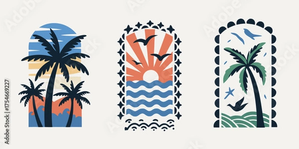 Fototapeta Three minimalist abstract tropical beach scenes with palm trees ocean waves and birds in arched frames