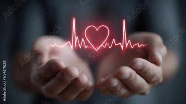 Obraz Open Hands with Glowing Heart & ECG Waveform – Symbol of Cardiovascular Care, Medical Protection & Wellness Awareness"