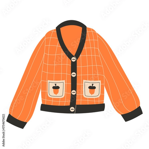Fototapeta Autumn orange knitted cardigan with checkered pattern and acorns on pockets