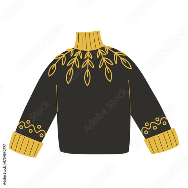 Fototapeta Knitted sweater with botanical pattern around neckline for cozy autumn fashion