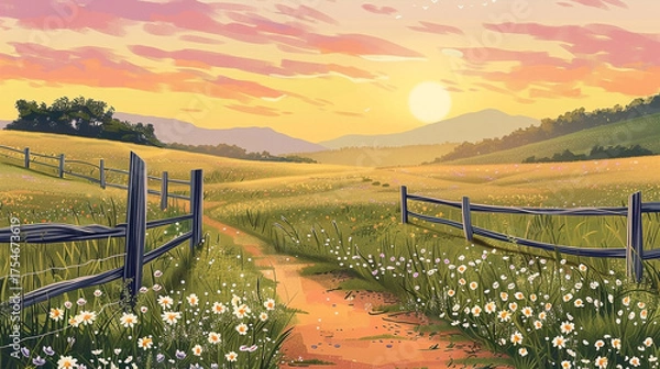 Obraz Picturesque vista of rolling hills under a golden sunset, with a charming path