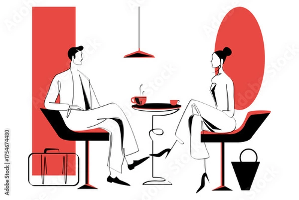 Fototapeta One continuous single drawing line art flat doodle cafe, person, sitting, adult, man, woman, table, lifestyle. Isolated image hand draw contour on a white and red background