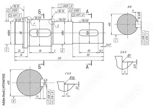 Obraz Machine-building drawings on a white background