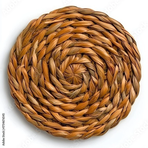 Fototapeta Circular Brown Woven Coaster Crafted from Natural Fiber on White Surface