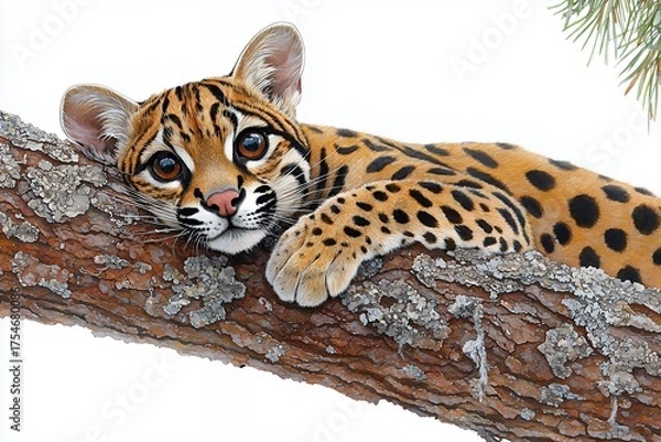 Fototapeta Close-Up of a Jaguar Relaxing on a Tree Branch with Lush Greenery and Soft Natural Light