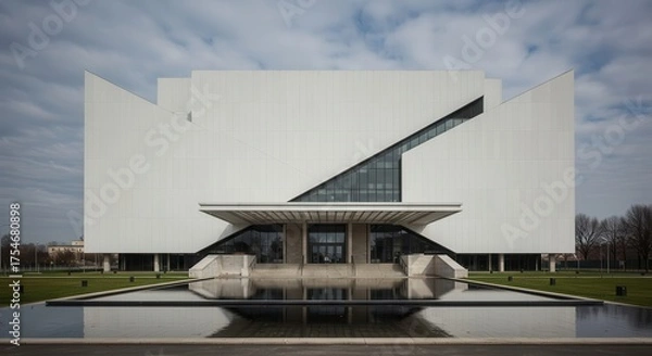 Fototapeta Modern building with dramatic angles and reflecting pool.
