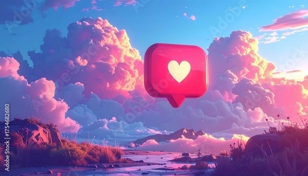 Obraz A stylized, vibrant illustration showcasing a floating social media "like" icon amidst a pastel-colored skyscape and serene landscape