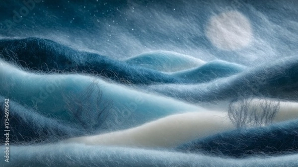 Fototapeta 幻想的な月夜のフェルト丘陵風景