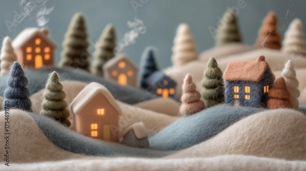 Fototapeta フェルトアートの冬景色、煙突から煙がのぼる暖かい家々