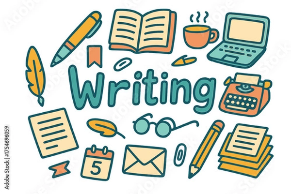 Obraz Creative Writing Elements. Writing. Hand-drawn doodle illustration of Writing. pen, notebook, laptop, coffee