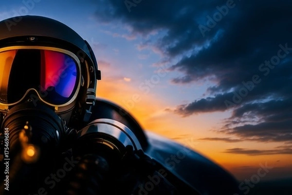 Fototapeta A pilot in full flight gear is silhouetted against a vibrant sunset, the visor reflecting the colors of the sky, creating a dramatic and powerful image of aviation and the human spirit of exploration