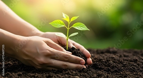 Fototapeta Hands planting small seedling in dark soil with natural sunlight — environmental care and green sustainability concept