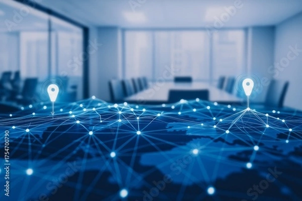 Fototapeta A digital network map with glowing nodes and location pins overlaid on a blurred conference room, symbolizing global connectivity, business expansion, and strategic planning in a modern setting