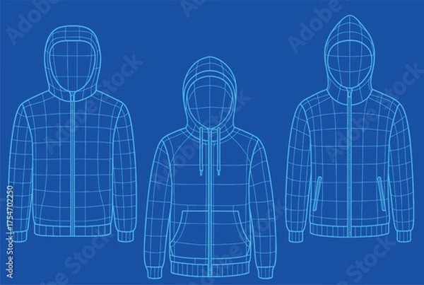 Fototapeta Wireframe Pullover and Sweatshirt Vector Collection — Technical Digital Fashion Blueprint of Casual Streetwear in Minimal 3D Line Style