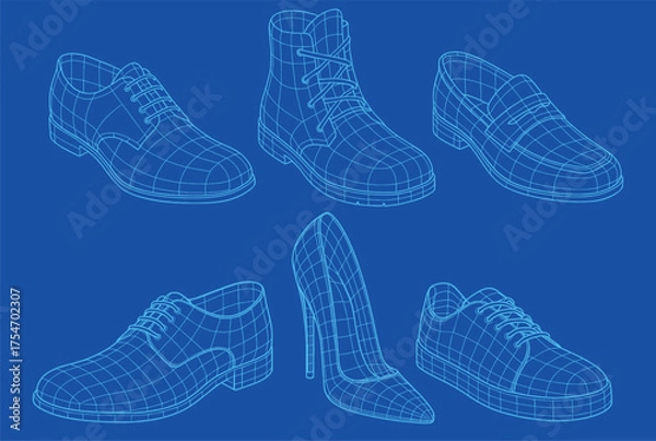 Fototapeta Wireframe Shoes Collection in Digital 3D Style