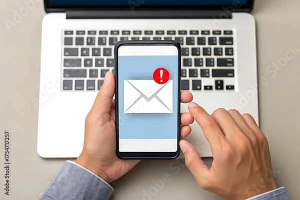 Fototapeta Person holding smartphone with email notification over laptop keyboard