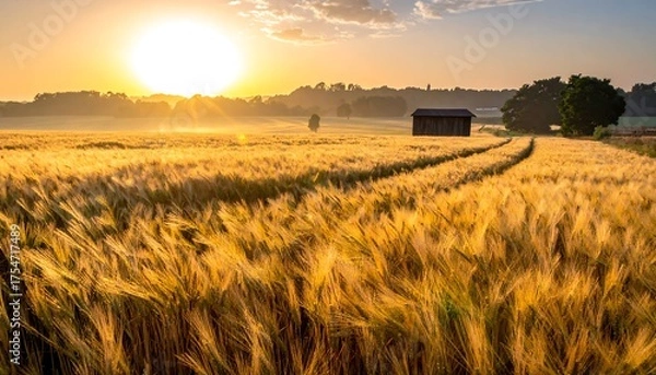 Obraz A sunlit field of golden wheat under a bright sky. A small shed sits in the distance as the sun sets