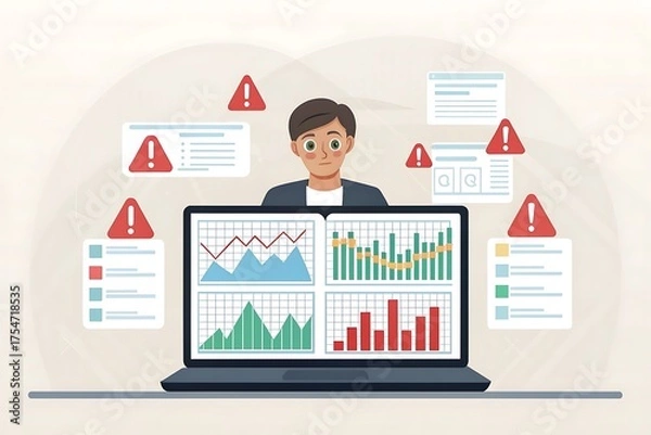 Fototapeta Man analyzing financial charts and data with warning signs