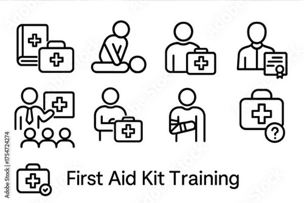 Fototapeta Set of black and white line icons for first aid kit training