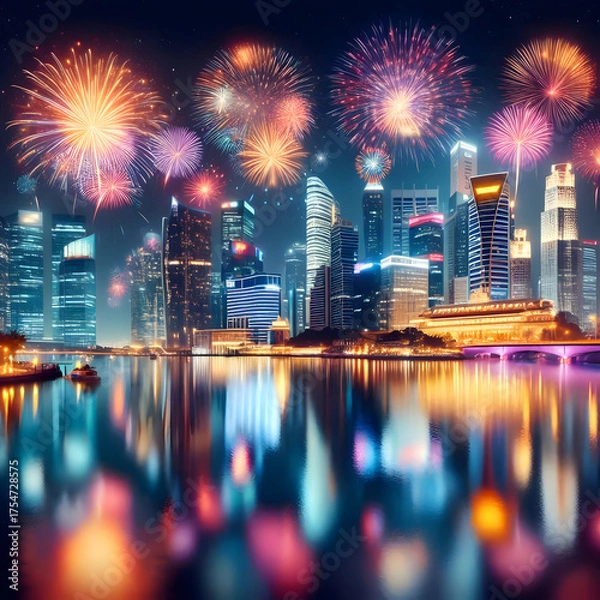 Obraz Bright colorful fireworks illuminating a modern city skyline at night, reflection on water, festive celebration mood, realistic night photography style, vibrant lights 
