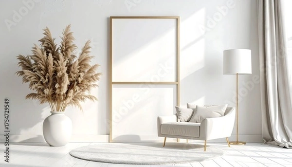 Obraz A sunlit interior scene presents a neutral color palette. A cozy armchair and round rug face a minimalist gold-framed artwork