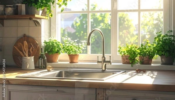 Obraz A sunlit kitchen scene features a stainless steel sink, faucet, and a bright window overlooking lush greenery. Herb pots adorn the windowsill
