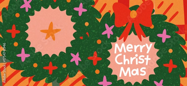 Fototapeta Merry Christmas and Happy New Year greeting card or banner. Modern beautiful Xmas design with typography and Christmas tree branches. Art poster, cover, decor templates