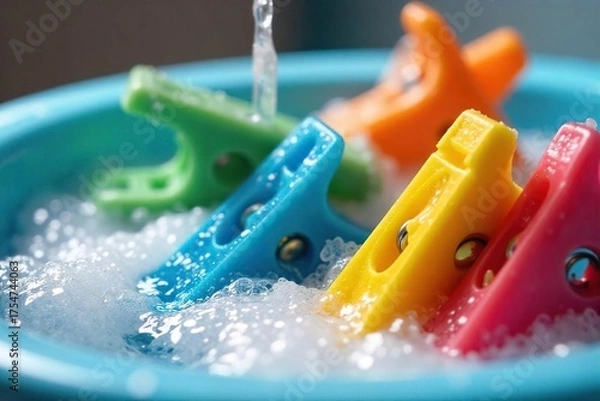 Fototapeta Bright Colorful Clothes Pegs Sparkling Clean in Soapy Water, Ready for Drying - Fresh Laundry Essentials