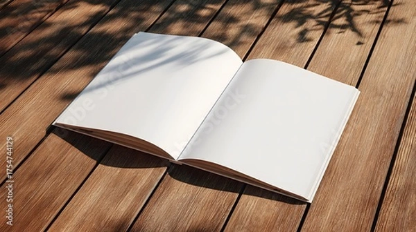 Fototapeta Open book with blank white pages lying on a wooden table