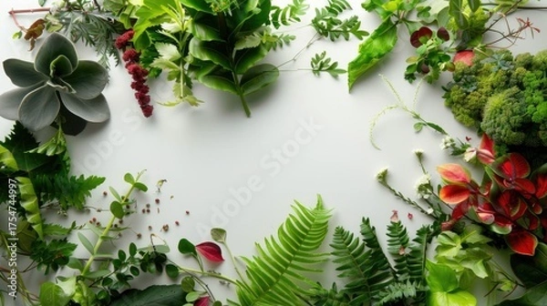 Fototapeta Lush Greenery and Vibrant Plants Arranged on a Bright Surface to Create a Natural Frame for Your Creative Projects