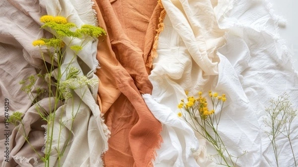 Fototapeta Colorful Fabrics with Natural Flowers Creating a Rustic and Cozy Aesthetic for Textiles and Interior Design