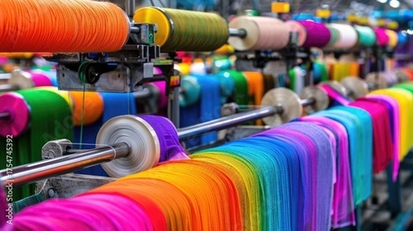 Fototapeta Vibrant Threads in a Textile Mill Showcasing Colorful Yarn Spools in a Well-Organized Production Setting