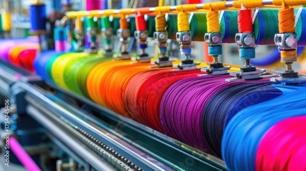 Fototapeta Vibrant colored threads on sewing machine spools creating a rainbow effect in textile production workshop