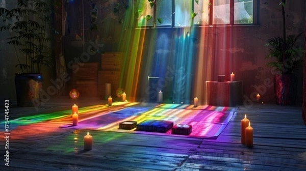 Fototapeta Tranquil Meditation Space with Colorful Light Beams and Candles Creating a Serene Atmosphere for Reflection and Relaxation