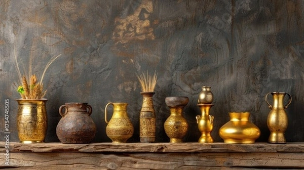 Fototapeta Elegant Display of Unique Decorative Vases and Jars Against a Textured Wall Background