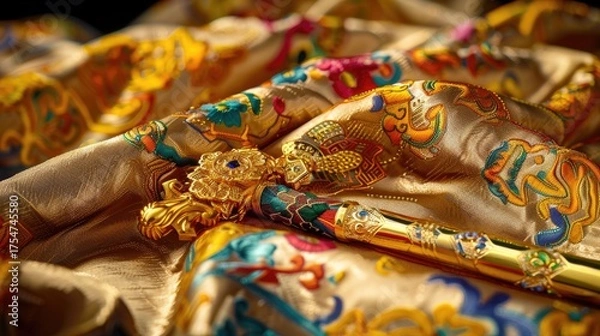 Fototapeta Ornate Golden Cane on Vibrant Embroidered Fabric with Intricate Patterns and Rich Colors in Luxurious Tapestry Setting