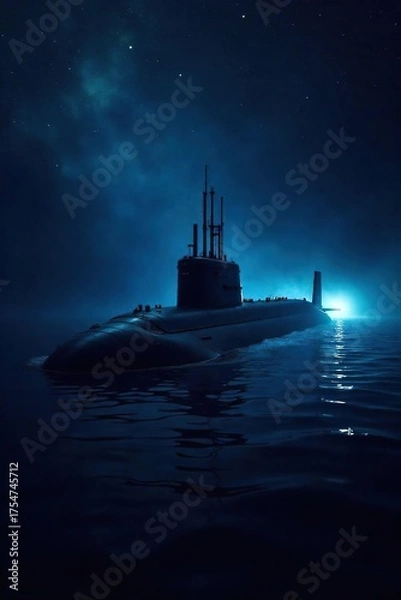 Fototapeta Sleek Military Submarine Stealthily Navigating Bioluminescent Deep Ocean